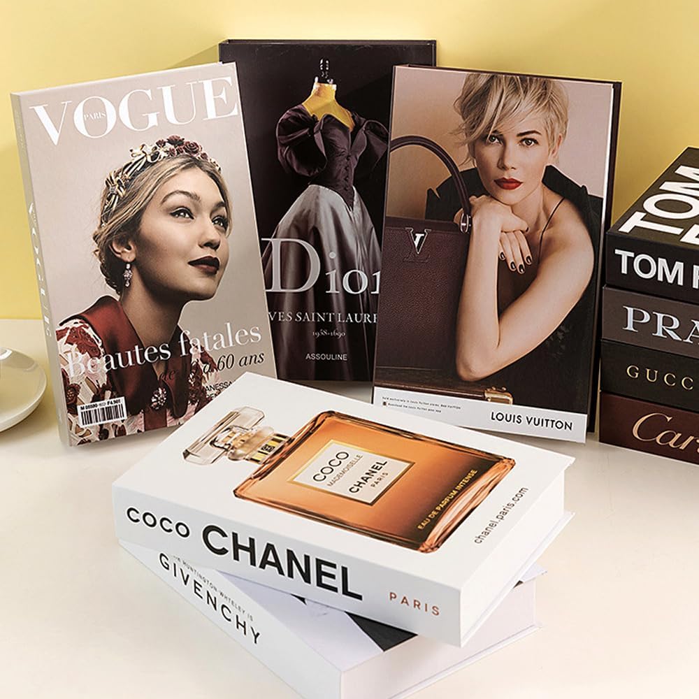 Decorative Fake Books Hardcover Stacked Display — Set of 4 styled in a home
