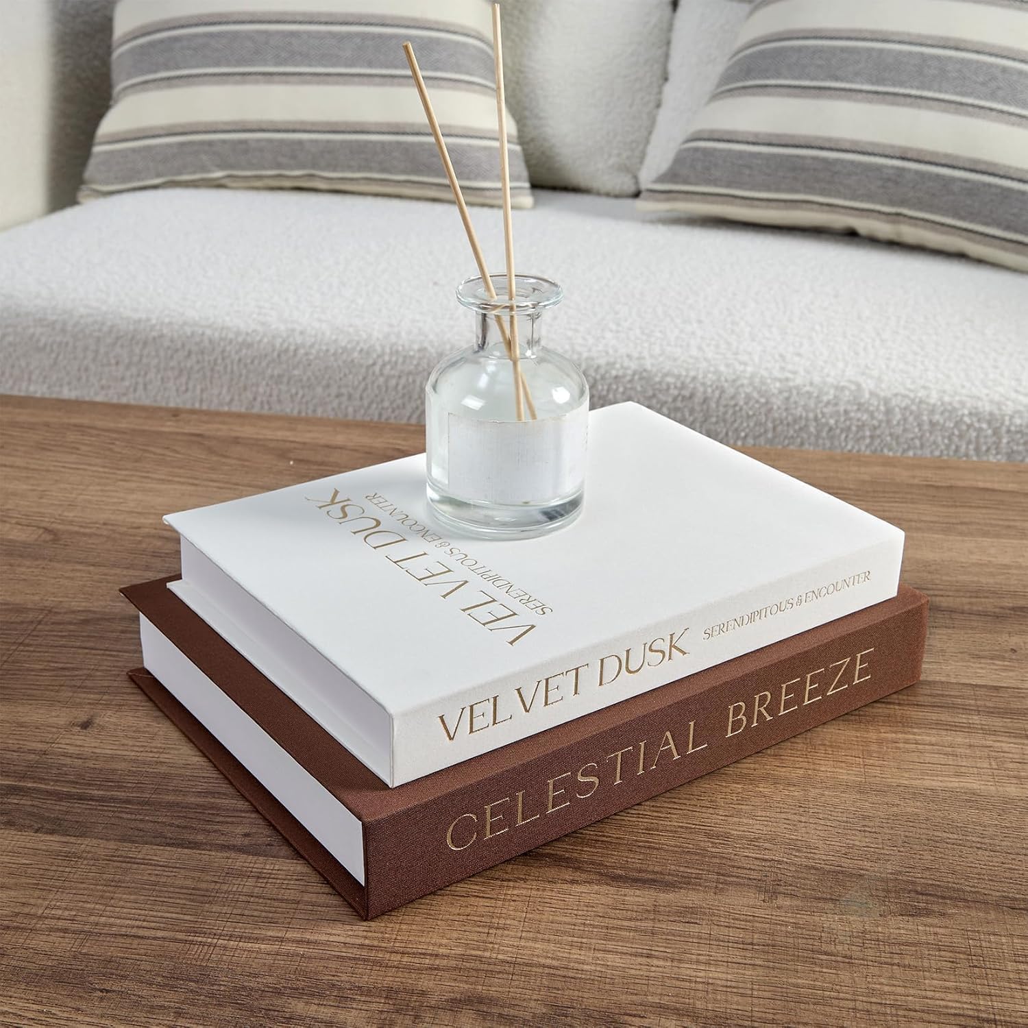 Faux Book Box Brown Linen Decorative Books — Set of 2 styled in a home